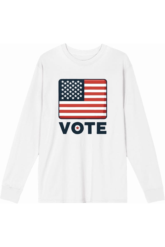 Vote American Flag Adult White Crew Neck Long Sleeve Tee-Small