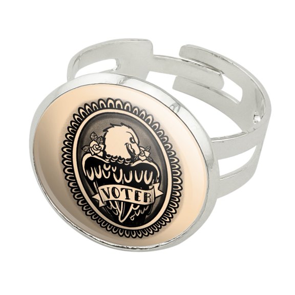 Voter Tattoo Style Eagle with Rose Silver Plated Adjustable Novelty Ring