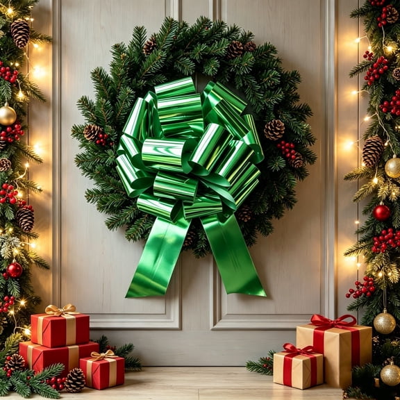 Votnto 18 Inch Large Christmas Pull Bow GN, Wired Ribbon Party Decoration in Green, 18.50x4.13IN, for Tree Wreath Door Window Holiday Event