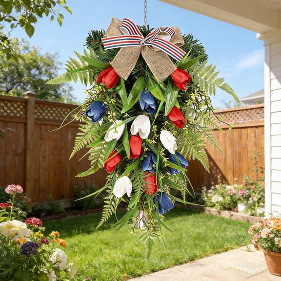 Votnto 19.69IN Independence Day Hanging Tulip Swag, Red White Blue Artificial Tulip Inverted Tree with US Flag Bow, Patriotic Front Door Decor for 4th of July, Porch, Wall Decoration