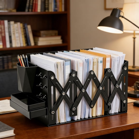 Votnto 3-in-1 Expandable Metal Desktop Book Organizer 3.74-18.89in Adjustable Bookend with Drawer Storage Box Pen Holder & 6 Hooks, Multifunctional Desk Caddy for Office Supplies