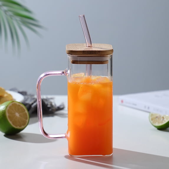 Votnto 400ML Glass Cup with Lid and St, 14.1oz Iced Coffee Tumbler with Pink Handle, Square Drinking Glass for Beer, Milk, Cold Drinks, Home Kitchen Use
