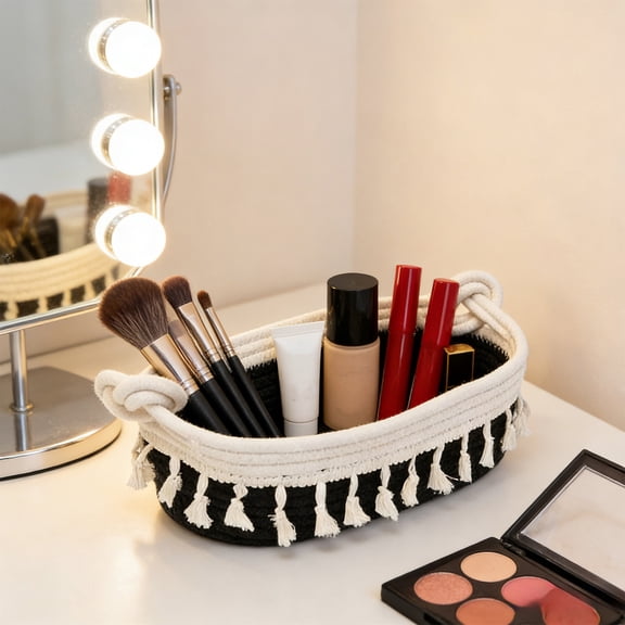 Votnto Boho Woven Cotton Rope Storage Basket, Tassel Decorative Organizer for Makeup, Desk & Bathroom