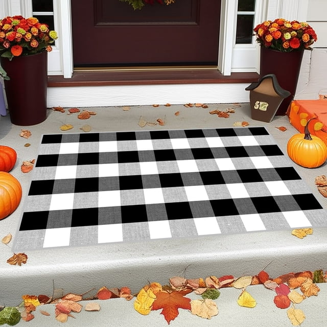 Votnto Christmas Fall Outdoor Rug Orange Plaid Hand-Woven Check Rug, Layered Doormat for Front Door Porch Farmhouse Entryway Patio