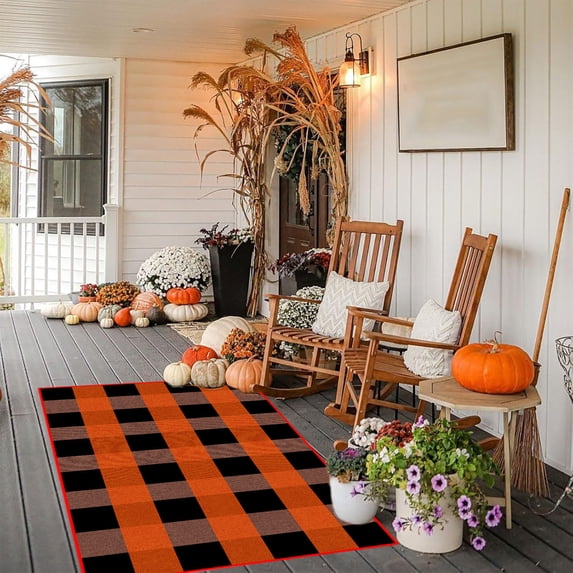 Votnto Christmas Fall Outdoor Rug Orange Plaid Hand-Woven Check Rug, Layered Doormat for Front Door Porch Farmhouse Entryway Patio