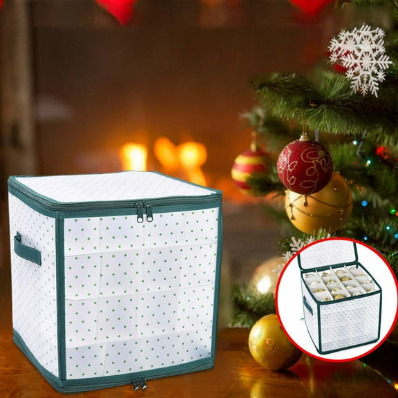 Votnto Christmas Ornaments Storage Box, Christmas Storage Box with Adjustable Dividers, Store up to 32 or 64 Christmas Ornaments, Plastic Xmas Ornaments Storage with Zippered Closure & Two Handles
