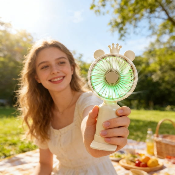 Votnto Cute Crown Bear Handheld Mini Fan, USB Rechargeable 3-Speed Portable Fan with RGB Light & Base (Pink/Beige/White/Green)