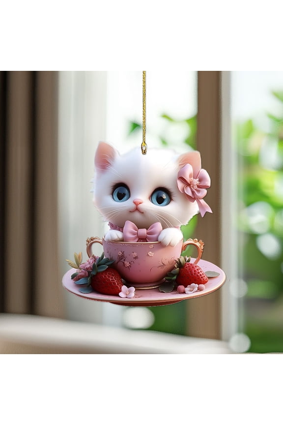 Cute Teacup Kitten Car Pendant, 2D Acrylic Cat Car Rearview Mirror Hanging Ornament, Backpack Keychain Accessory