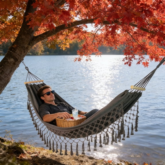 Votnto Double Camping Hammock with Boho Fringe Tassels, Heavy Duty Canvas Outdoor Swing Bed for Backyard & Patio