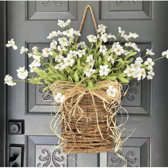 Votnto Spring Front Door Hanging Wicker Basket with Artificial White Daisy Flowers, Rustic Porch Wreath for Easter, Wedding & Year-Round Home Decor