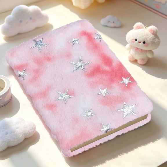 Votnto Starry Plush Cover Notebook, A5 Fuzzy Gradient Journal with Lined Pages, Cute Diary for & Daily Notes