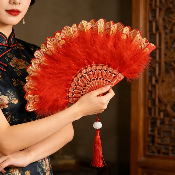 Votnto Vintage Puffy Feather Folding Fan, Lace Embroidered Hand Fan for Dance Performance Wedding Party Costume Accessory Gift