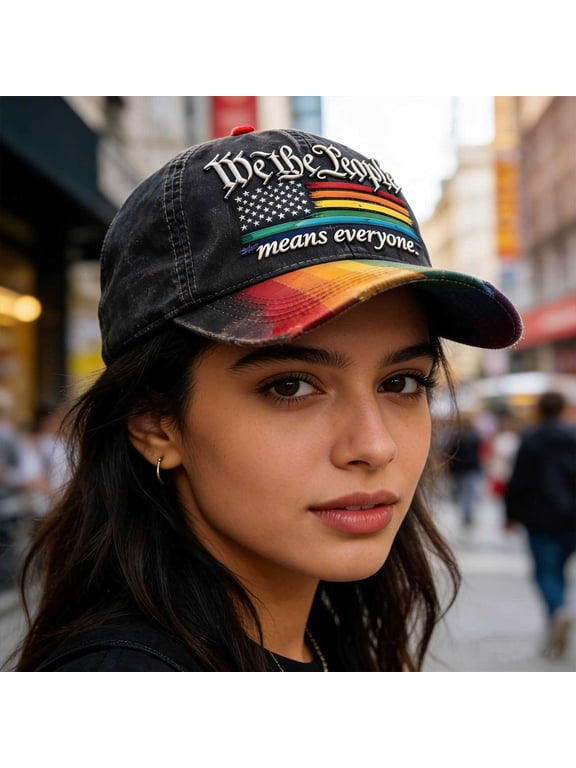 "We The People Means Everyone" Pride Baseball Cap, Vintage Washed Rainbow Flag Adjustable Hat for Pride Month & Casual Wear