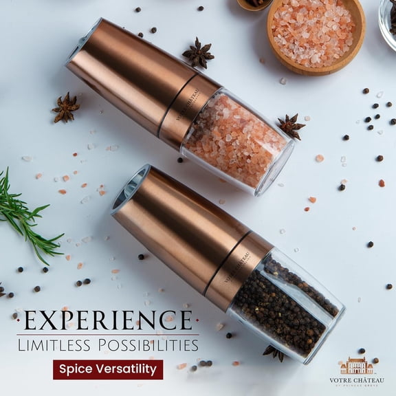 Votre Château by  Gravity Electric, Batteries Included, Salt and Pepper Grinder Set, with Spice Scoop and Cleaning Brush. Great Gift Idea! (Bronze, Set of 2)
