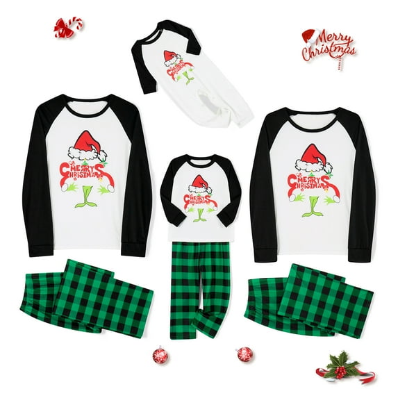 Votuleazi Christmas Family Pajamas Matching Set Cartoon Pattern Print Long Sleeve Tops and Plaid Pants Sleepwear