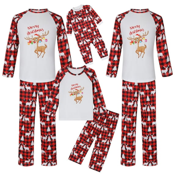 Votuleazi Christmas Family Pajamas Matching Set, Long Sleeve Elk Print T-shirt with Plaid Pants Sleepwear Loungewear