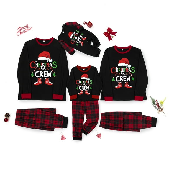 Votuleazi Christmas Family Pajamas Matching Set, Long Sleeve Letters Print T-shirt with Plaid Pants Sleepwear Loungewear