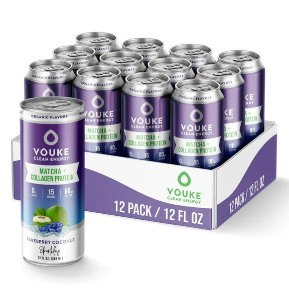 Vouke Blueberry Coconut - Sparkling - Matcha + Collagen Clean Energy Drink - 80mg Caffeine from Matcha and Green Tea, Zero Sugar, 15 Calories (12FL OZ - 12 Pack)