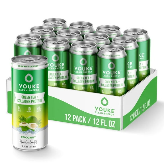 Vouke Coconut Green Tea + Collagen Clean Energy Drink - Non-Carbonated - 80mg Caffeine from Green Tea and matcha, Zero Sugar, 10 Calories (12FL OZ - 12 Pack)