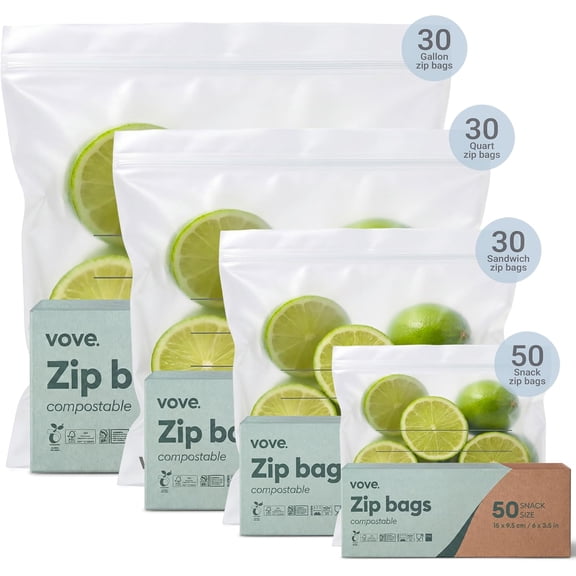 Vove Compostable Storage Bags 140 Ct Multi-Size (S/M/L/XL)  PFAS-Free, BPI Certified, Freezer Safe with Airtight Seal for Food & Meal Prep, Plant-Based