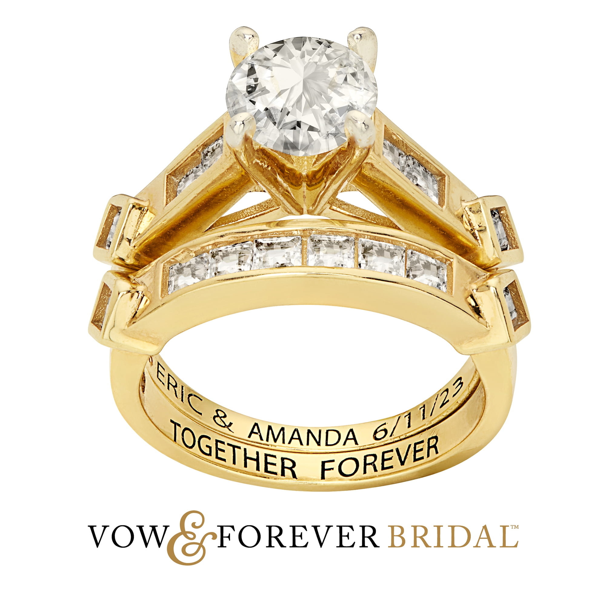 Vow & Forever Personalized Planet Bridal 14K Gold over Sterling Silver Brilliant White Topaz 2 Piece Engraved Wedding Set ,Women's