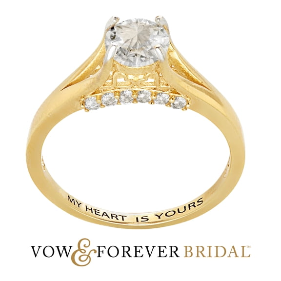 Vow & Forever Personalized Planet Bridal 14K Gold over Sterling Silver Brilliant White Topaz Engraved Wedding Ring ,Women's