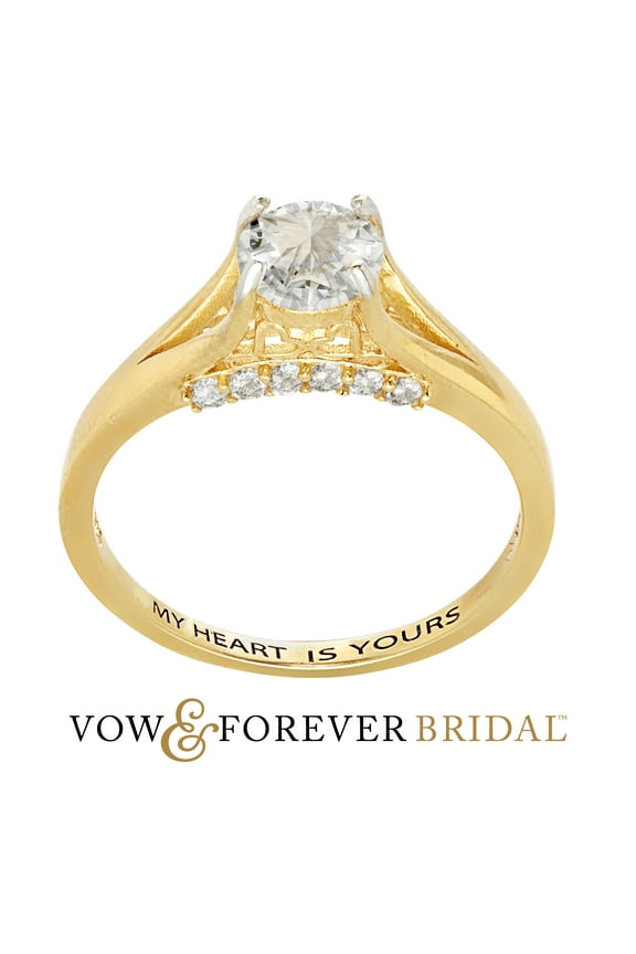 Vow & Forever Personalized Planet Bridal 14K Gold over Sterling Silver Brilliant White Topaz Engraved Wedding Ring ,Women's