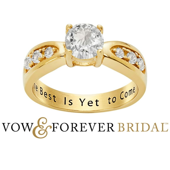 Vow & Forever Personalized Planet Bridal 14K Gold over Sterling Silver Brilliant White Topaz Engraved Wedding Ring ,Women's