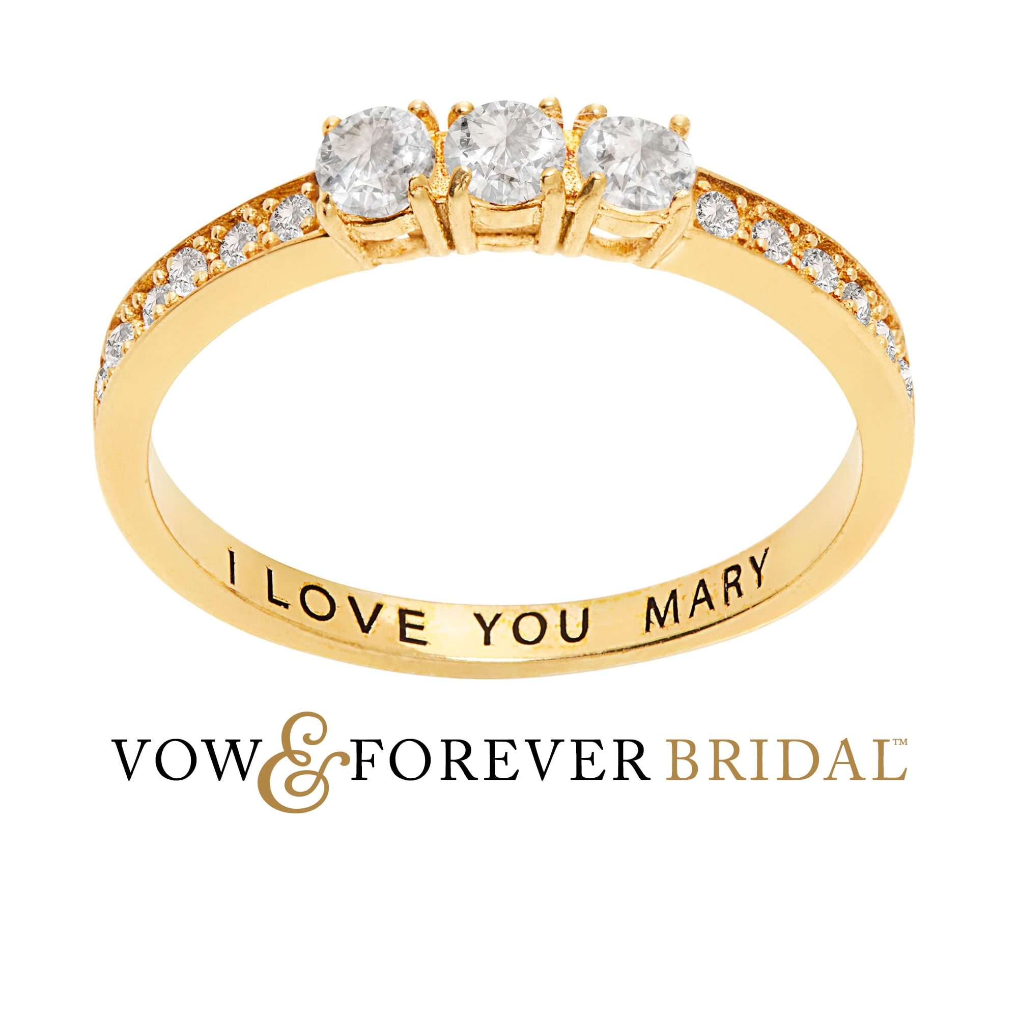 Personalized Planet 14K Gold over Sterling Silver Three Stone Engraved Wedding Ring White Topaz, One Size