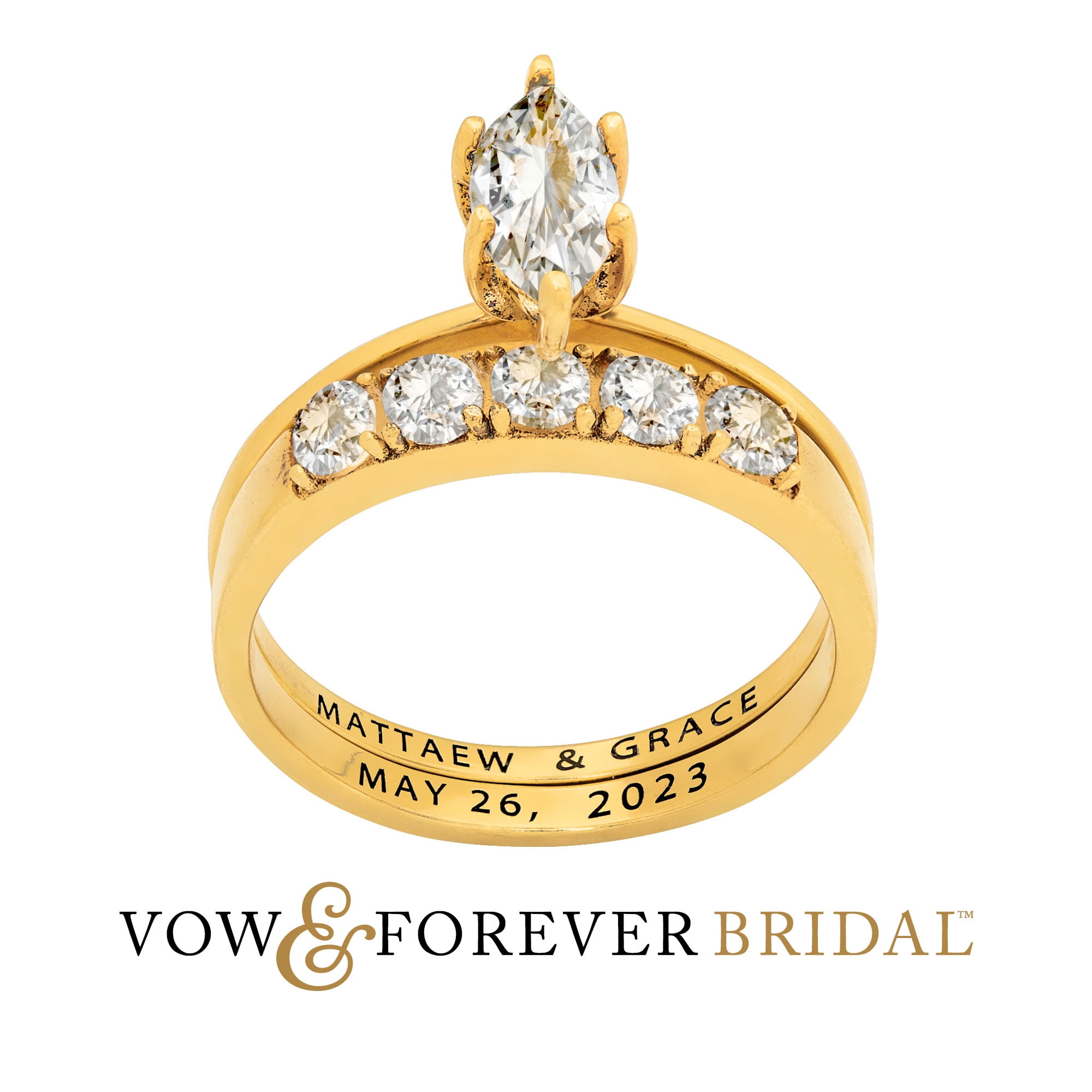 Vow & Forever Personalized Planet Bridal 14K Gold over Sterling Silver Marquise White Topaz 2-Piece Engraved Wedding Ring Set ,Women's