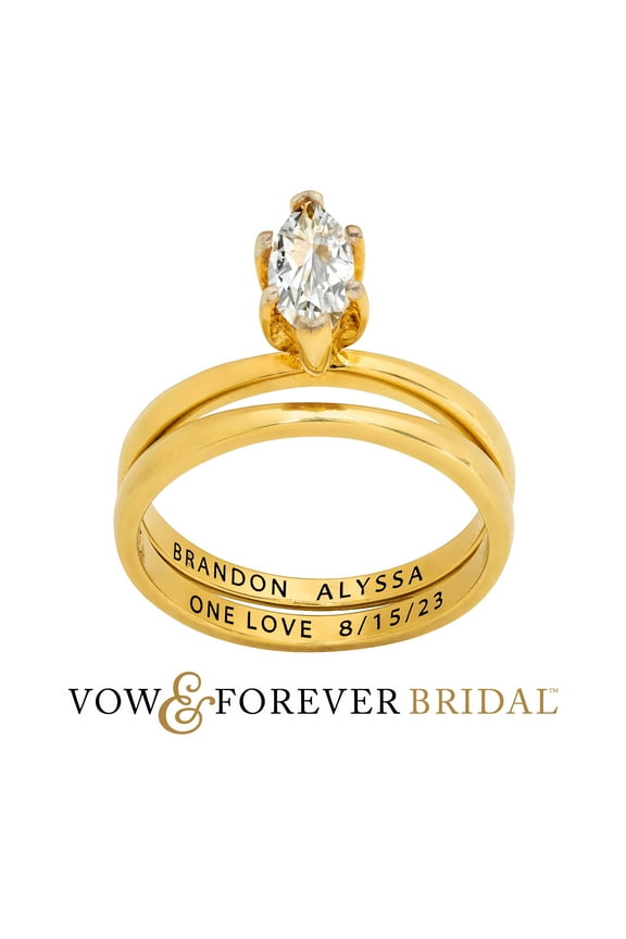 Vow & Forever Personalized Planet Bridal 14K Gold over Sterling Silver Marquise White Topaz 2-Piece Engraved Wedding Ring Set ,Women's
