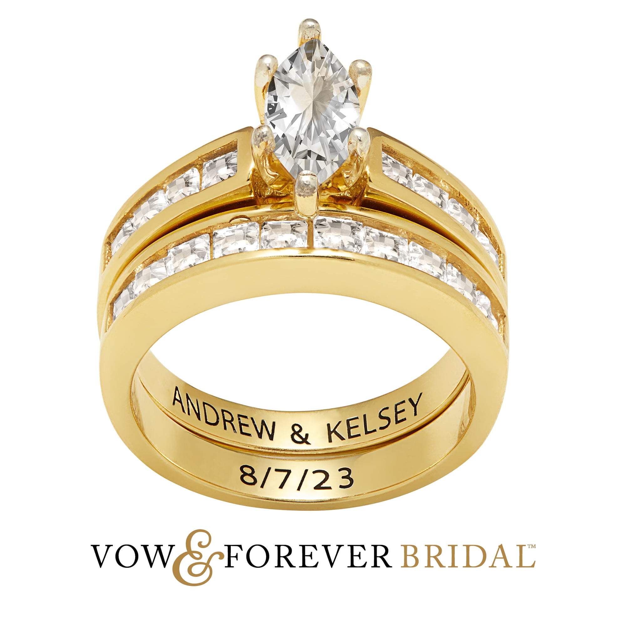Vow & Forever Personalized Planet Bridal 14K Gold over Sterling Silver Marquise White Topaz 2 Piece Engraved Wedding Set ,Women's