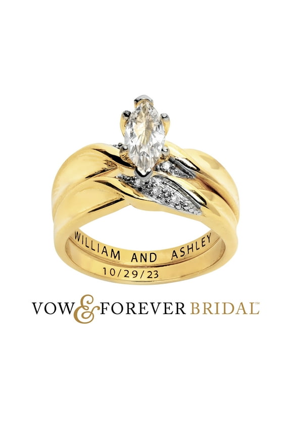 Vow & Forever Personalized Planet Bridal 14K Gold over Sterling Silver Marquise White Topaz Diamond Accent 2-Piece Engraved Wedding Ring Set ,Women's