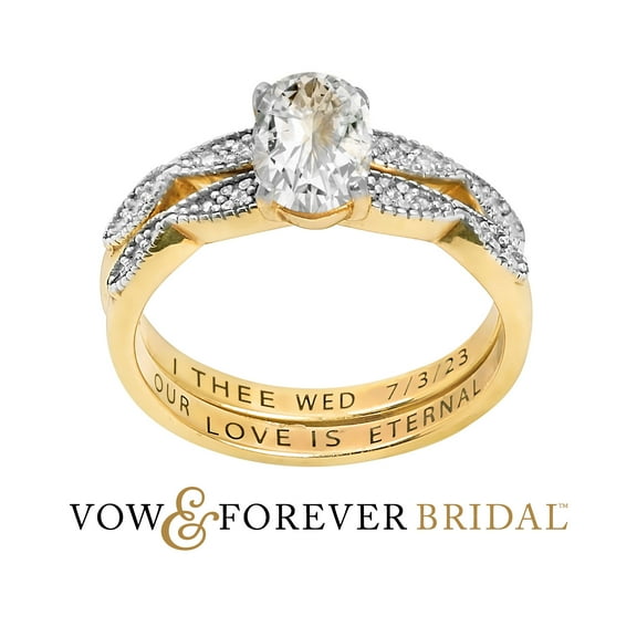 Vow & Forever Personalized Planet Bridal 14K Gold over Sterling Silver Oval White Topaz Diamond Accent 2-Piece Engraved Wedding Ring Set ,Women's