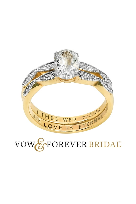Vow & Forever Personalized Planet Bridal 14K Gold over Sterling Silver Oval White Topaz Diamond Accent 2-Piece Engraved Wedding Ring Set ,Women's