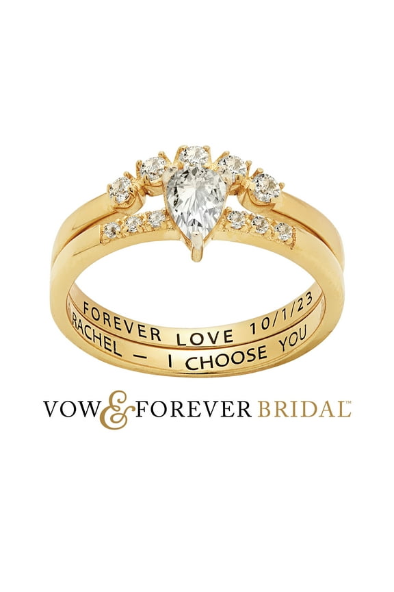 Vow & Forever Personalized Planet Bridal 14K Gold over Sterling Silver Pear White Topaz 2 Piece Engraved Wedding Set ,Women's