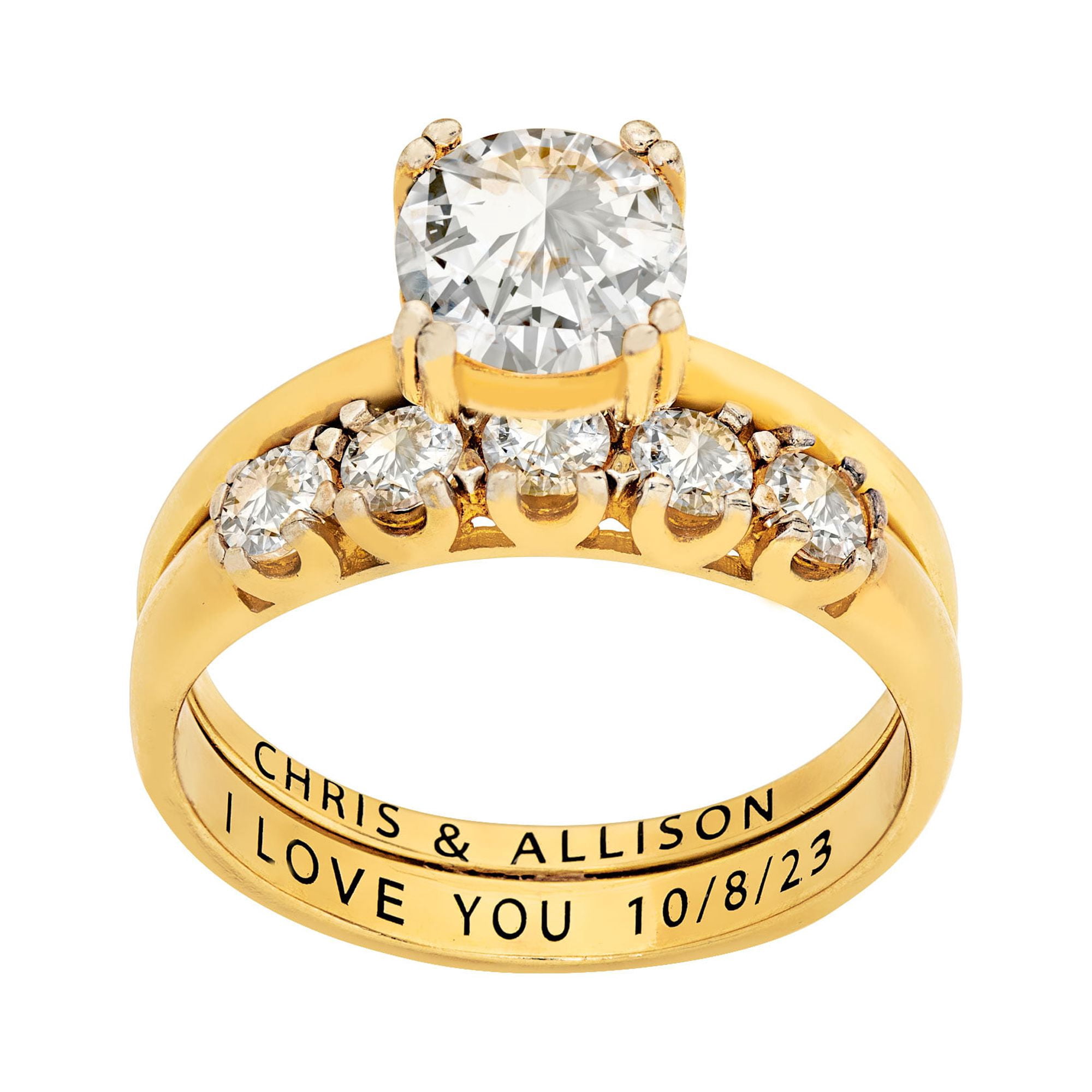 Vow & Forever Personalized Planet Bridal 14K Gold over Sterling Silver Round White Topaz 2-Piece Engraved Wedding Ring Set ,Women's