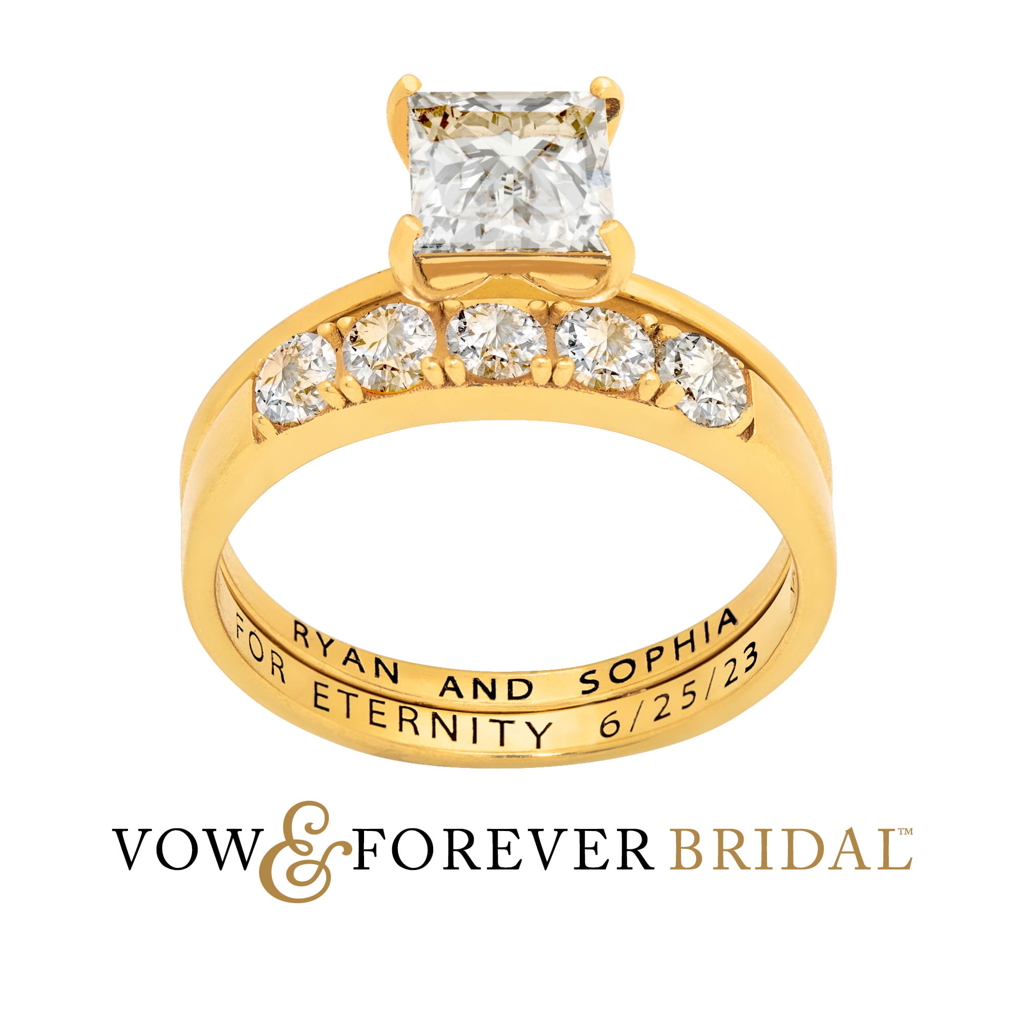 Vow & Forever Personalized Planet Bridal 14K Gold over Sterling SilverSquare White Topaz 2-Piece Engraved Wedding Ring Set ,Women's