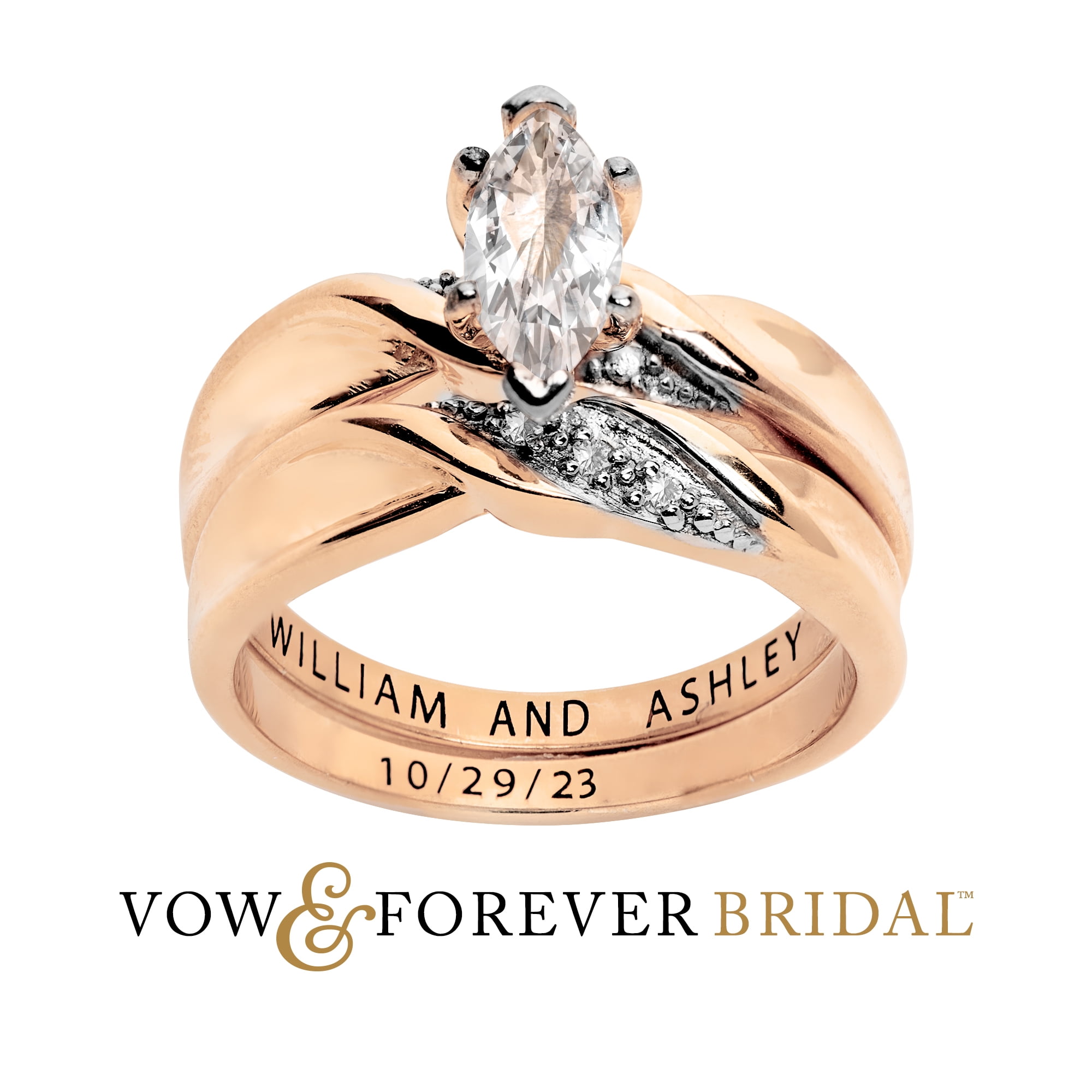 Personalized Planet Bridal 14K Rose Gold over Sterling Silver Marquise White Topaz Diamond Accent 2-Piece Engraved Wedding Ring Set