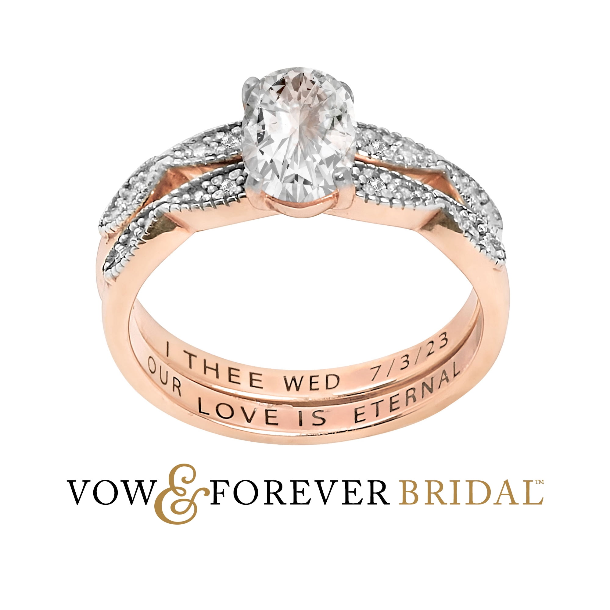 Vow & Forever Personalized Planet Bridal 14K Rose Gold over Sterling Silver Oval White Topaz Diamond Accent 2-Piece Engraved Wedding Ring Set ,Women's