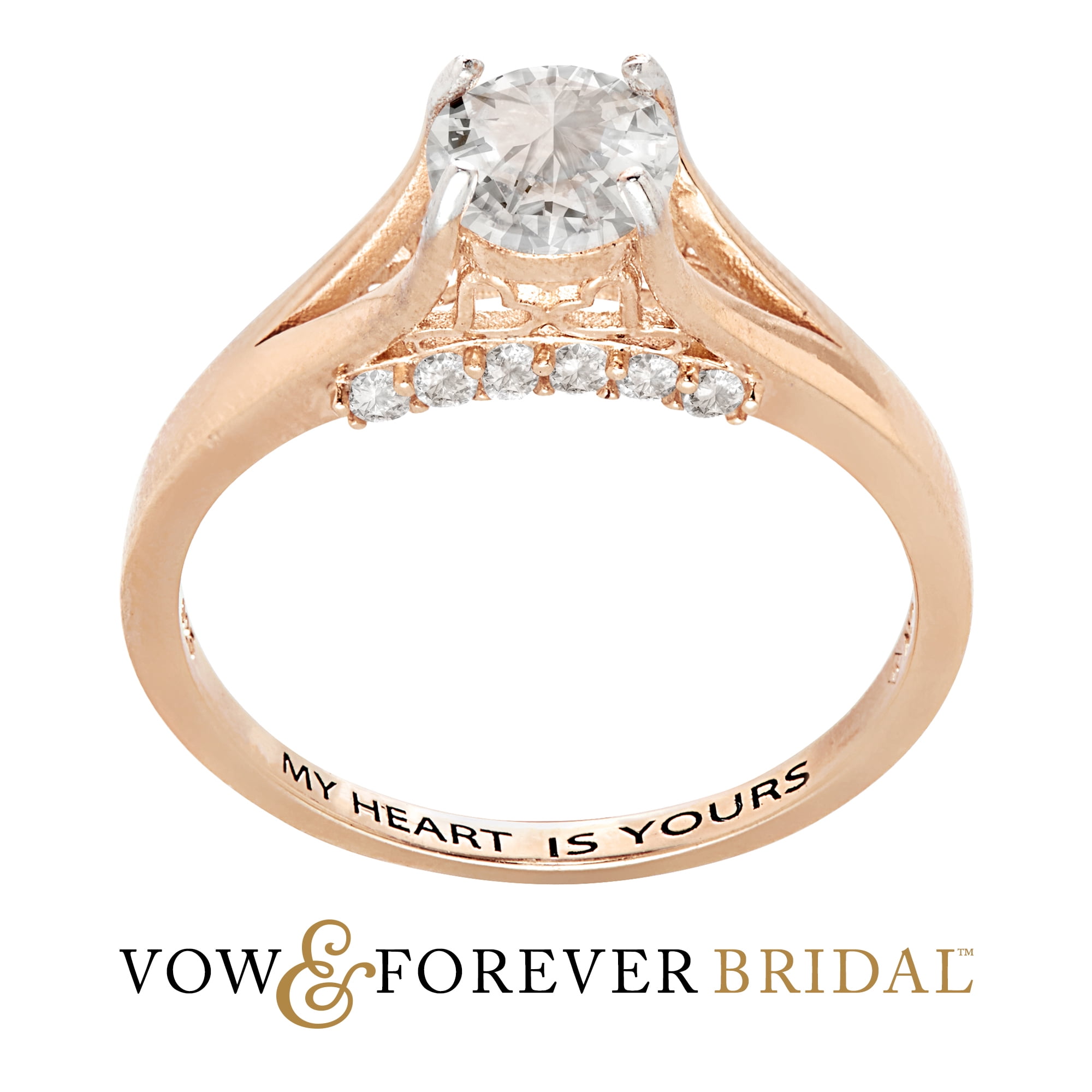 Vow & Forever Personalized Planet Bridal 14K Rose Gold over Sterling Silver Brilliant White Topaz Engraved Wedding Ring ,Women's