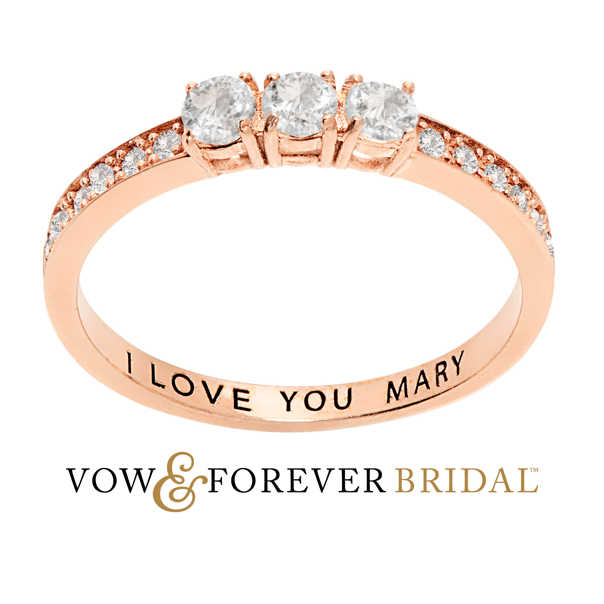 Personalized Planet 14K Rose Gold over Sterling Silver Three Stone Engraved Wedding Ring White Topaz one size Women's