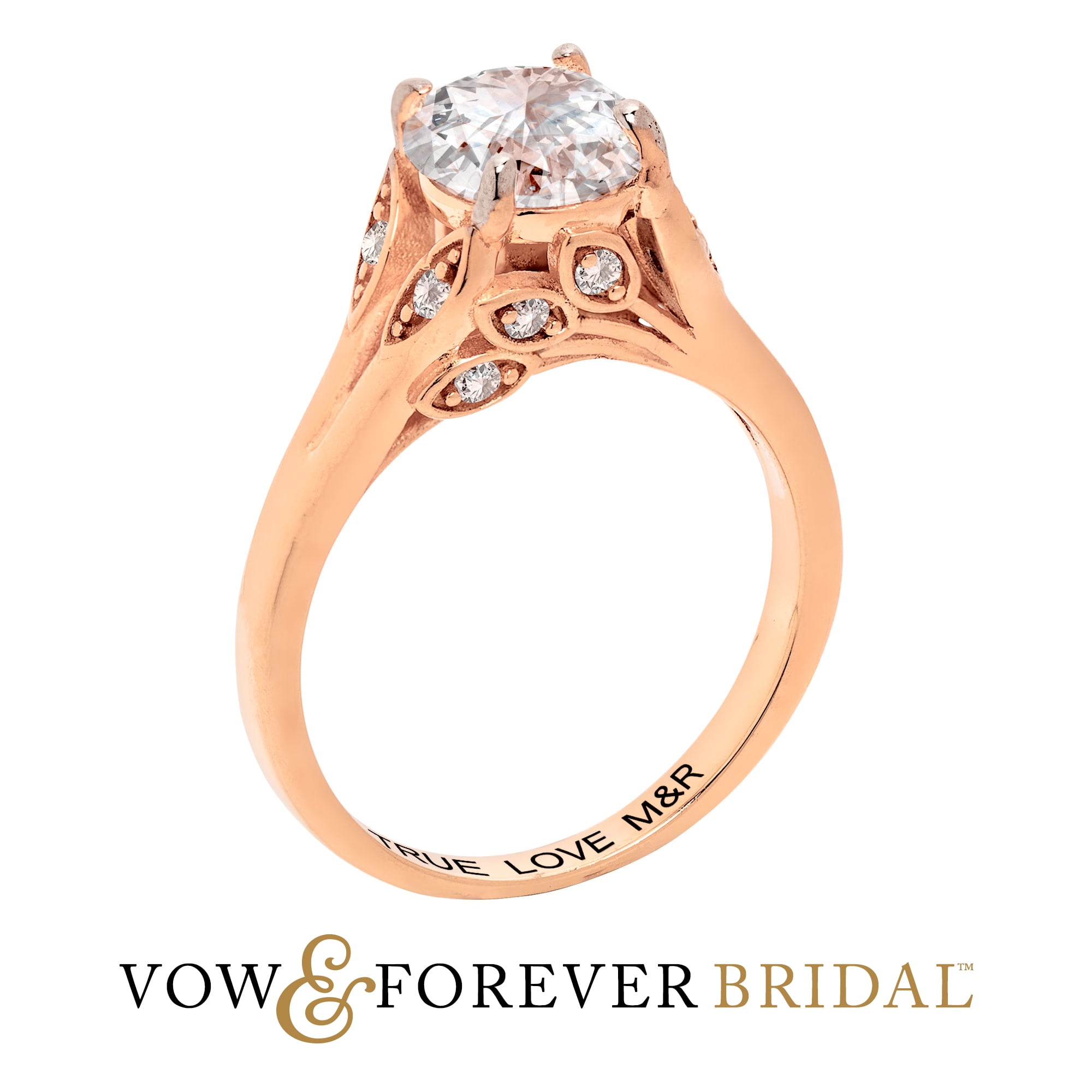 Personalized Planet 14K Rose Gold over Sterling Silver with Leaf Detail Engraved Wedding Ring White Topaz, One Size