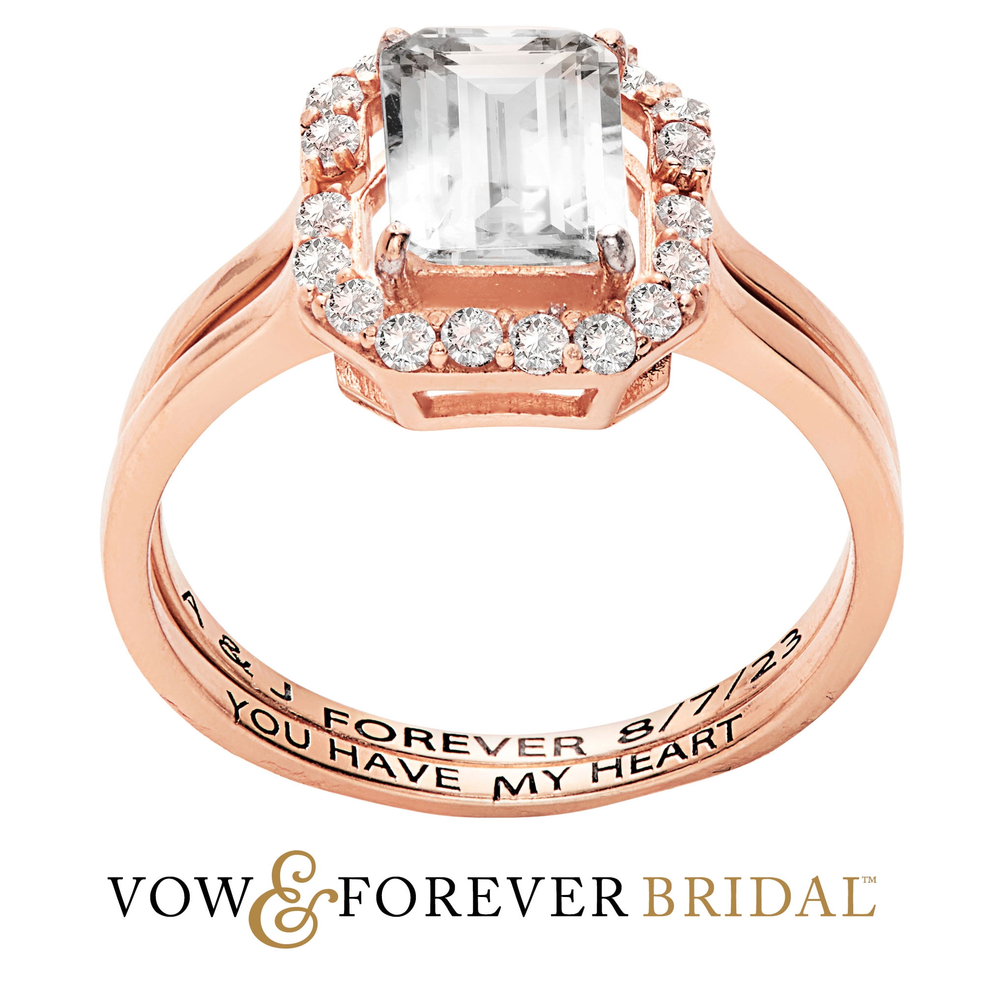 Vow & Forever Personalized Planet Bridal 14K Rose Gold over Sterling Silver Emerald Cut White Topaz 2 Piece Engraved Wedding Set ,Women's