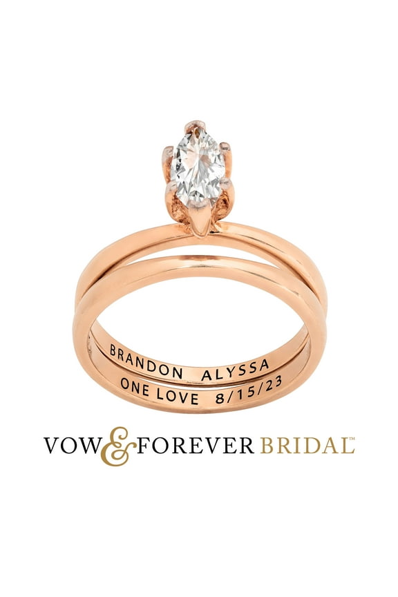 Vow & Forever Personalized Planet Bridal 14K Rose Gold over Sterling Silver Marquise White Topaz 2-Piece Engraved Wedding Ring Set ,Women's
