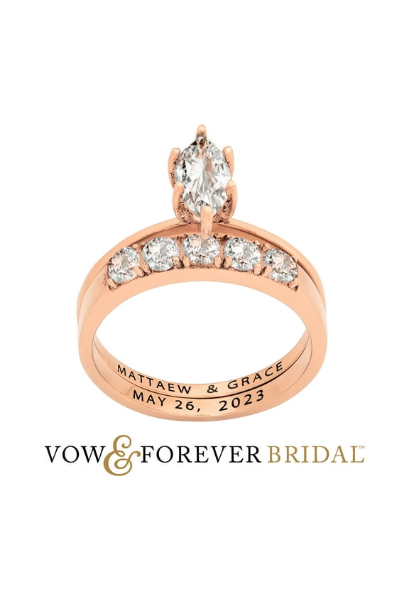 Vow & Forever Personalized Planet Bridal 14K Rose Gold over Sterling Silver Marquise White Topaz 2-Piece Engraved Wedding Ring Set ,Women's