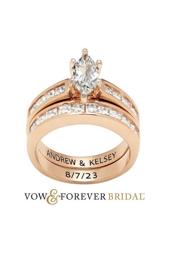 Vow & Forever Personalized Planet Bridal 14K Rose Gold over Sterling Silver Marquise White Topaz 2 Piece Engraved Wedding Set ,Women's