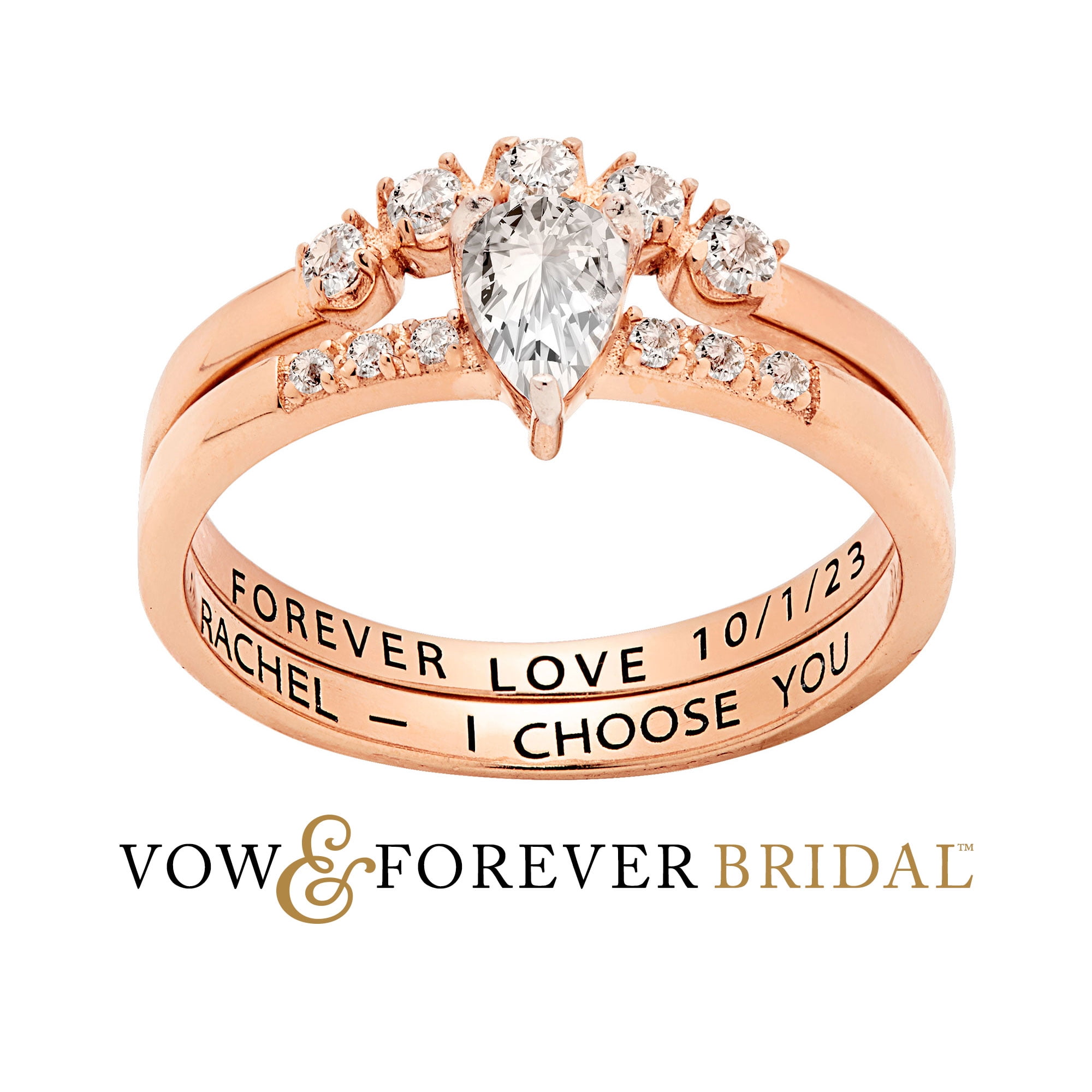 Vow & Forever Personalized Planet Bridal 14K Rose Gold over Sterling Silver Pear White Topaz 2 Piece Engraved Wedding Set ,Women's