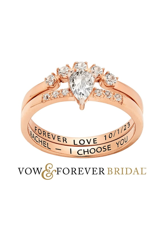 Vow & Forever Personalized Planet Bridal 14K Rose Gold over Sterling Silver Pear White Topaz 2 Piece Engraved Wedding Set ,Women's