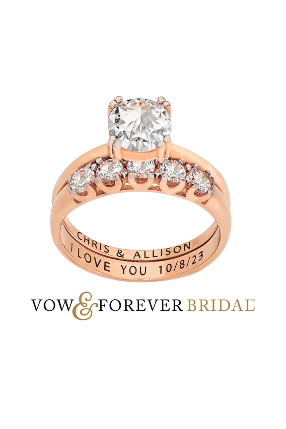 Vow & Forever Personalized Planet Bridal 14K Rose Gold over Sterling Silver Round White Topaz 2-Piece Engraved Wedding Ring Set ,Women's